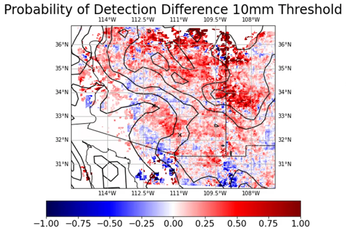 Illustrated graph over Arizona titled: Probability of Detection Difference 10mm Threshold.